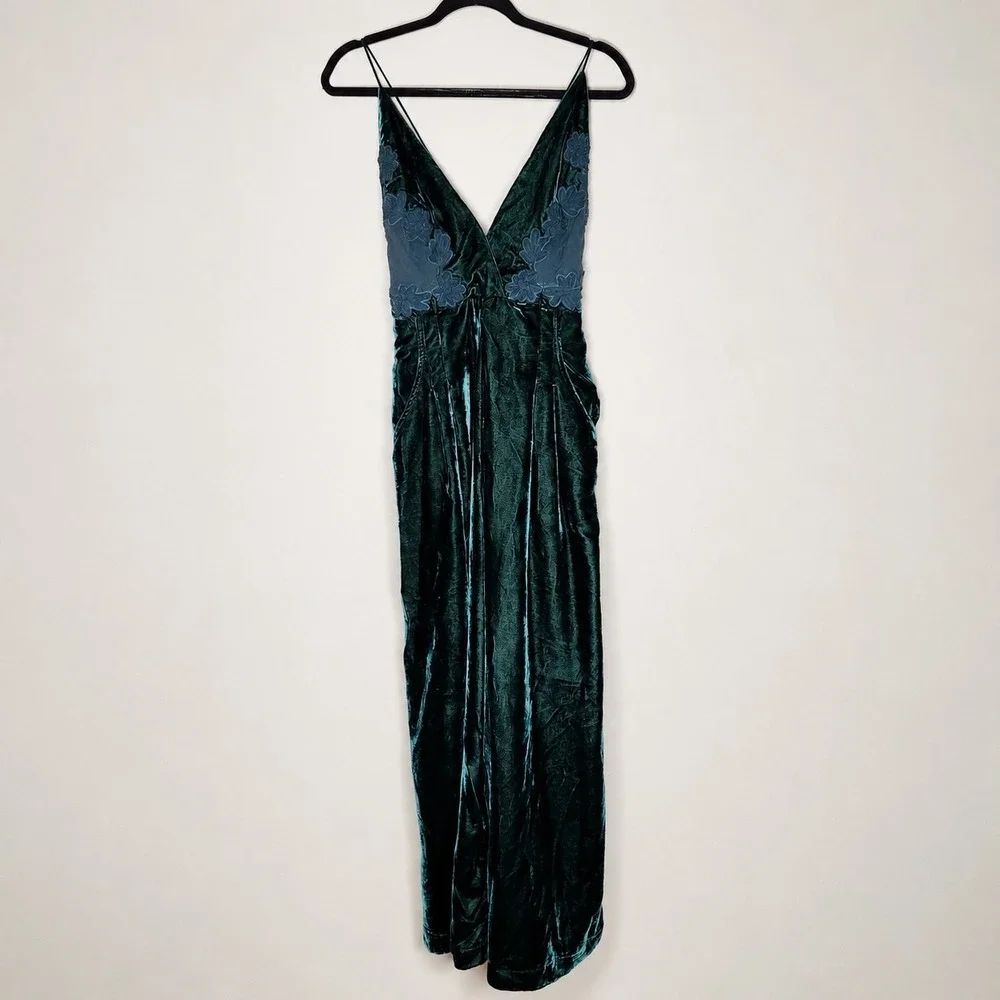 Free People Womens Size 6 Pine Green Blake Velvet One-piece Jumpsuit Whimsigoth